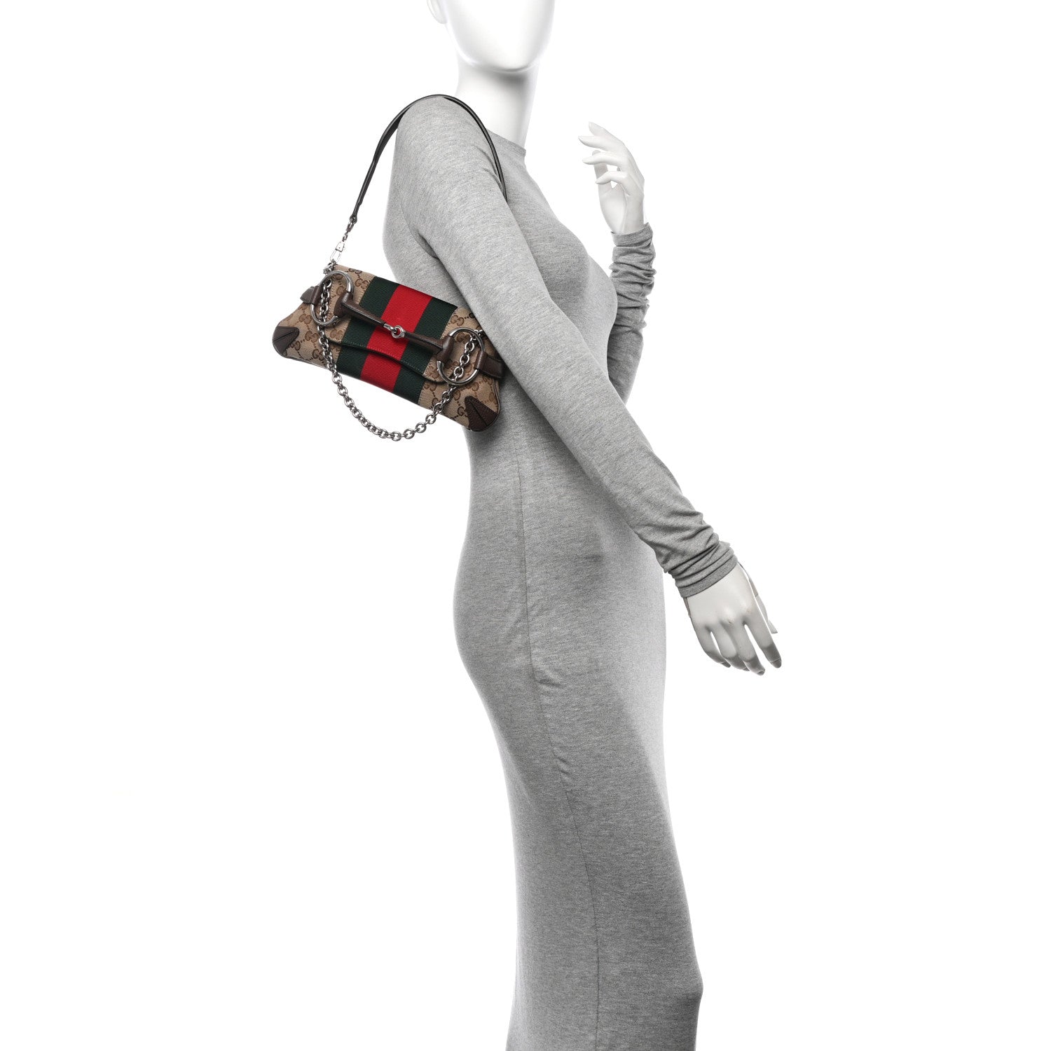 Gucci Monogram Textured Dollar Calfskin Heavy Grosgrain Web Small Maxi Horsebit Chain Shoulder Bag Beige Ebony New Acero 2 of 12