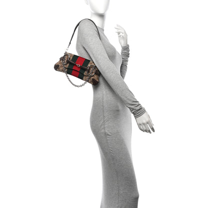 Gucci Monogram Textured Dollar Calfskin Heavy Grosgrain Web Small Maxi Horsebit Chain Shoulder Bag Beige Ebony New Acero 2 of 12