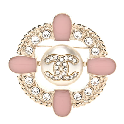 Chanel Crystal Pearl Enamel CC Brooch Gold Pink 1 of 4