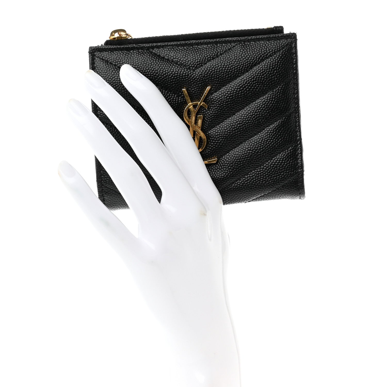 Saint Laurent Grain De Poudre Matelasse Chevron Monogram Zipped Card Case Black 2 of 9