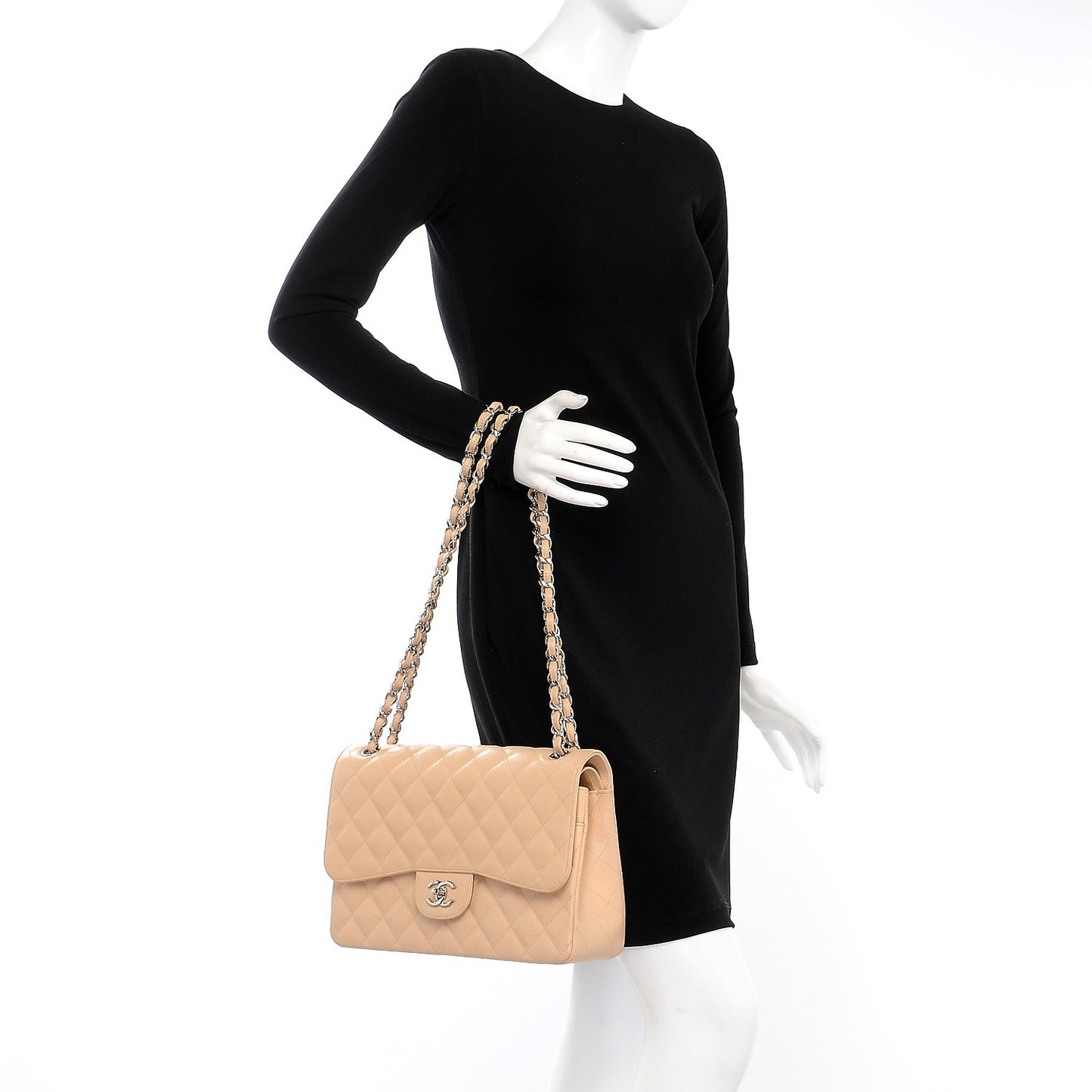 Caviar Quilted Jumbo Double Flap Beige Clair