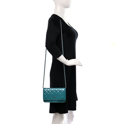 Chanel Patent Quilted Wallet On Chain WOC Turquoise Blue 2 of 10