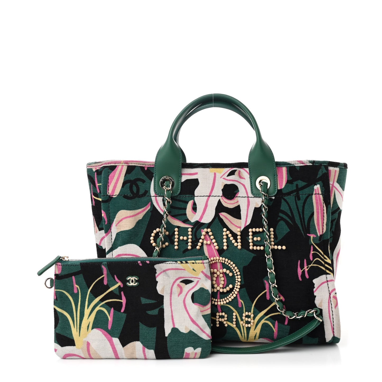 Velvet Calfskin Beaded Small Deauville Tote Pink Green Black