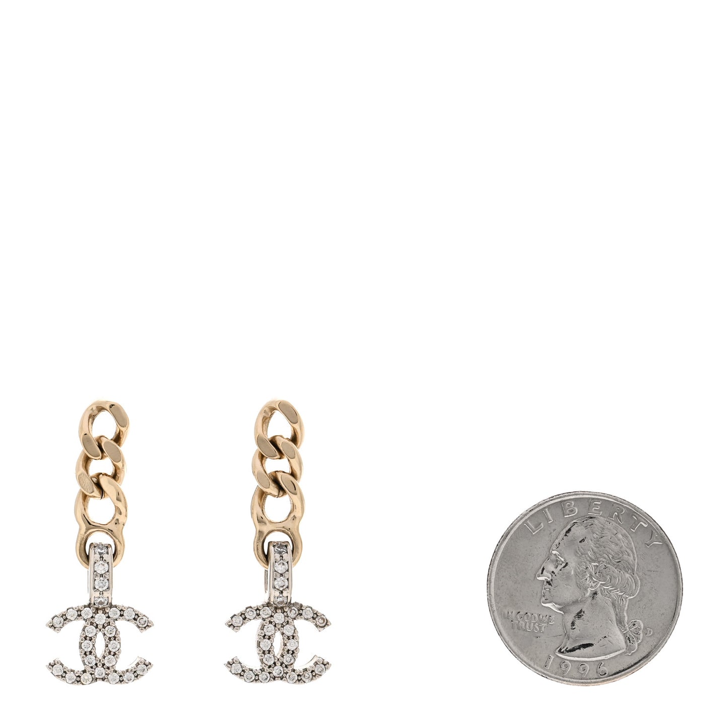 Metal Crystal CC Chain Drop Earrings Gold