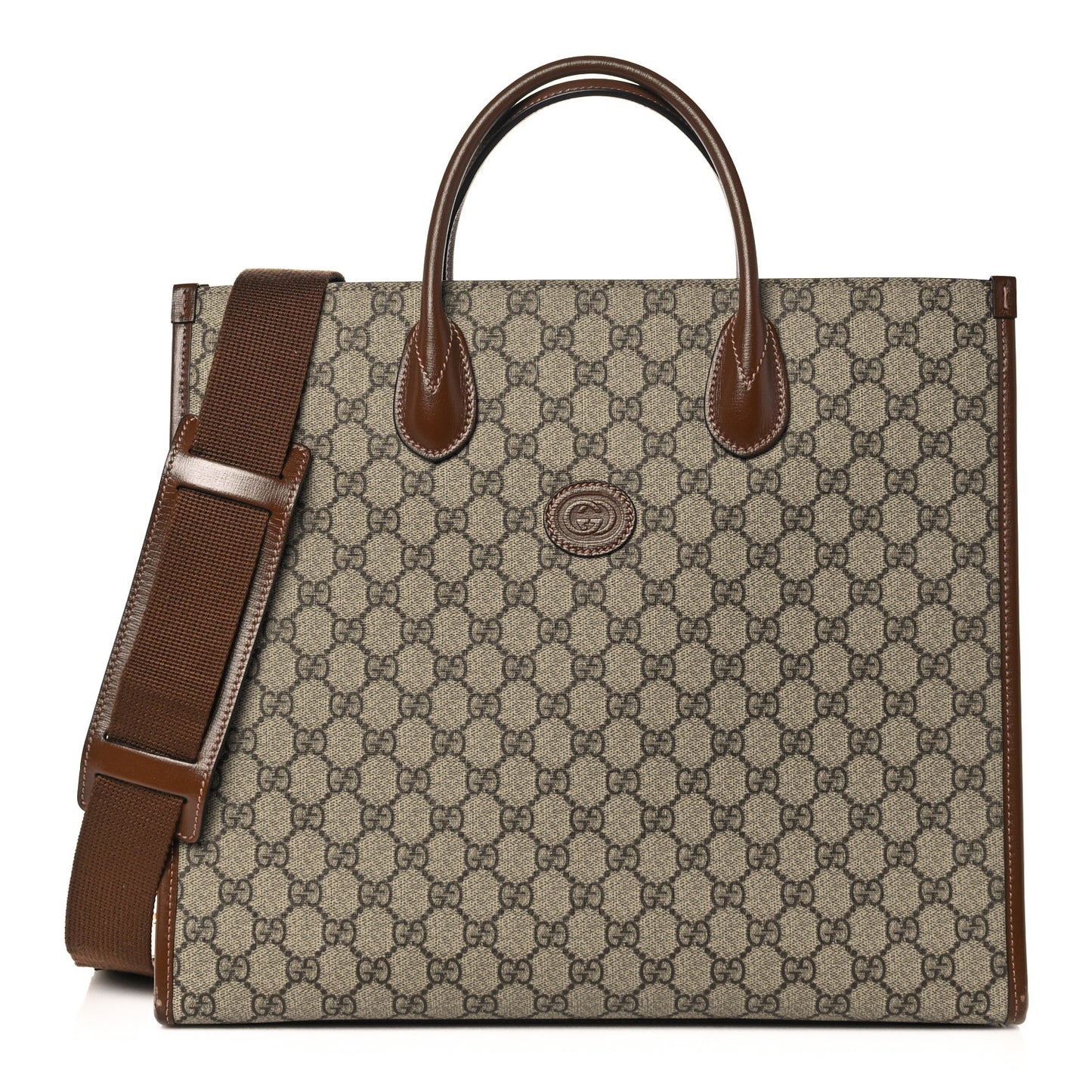 GG Supreme Monogram Azalea Calfskin Medium Retro Interlocking G Tote Bag Beige Ebony Brown Sugar