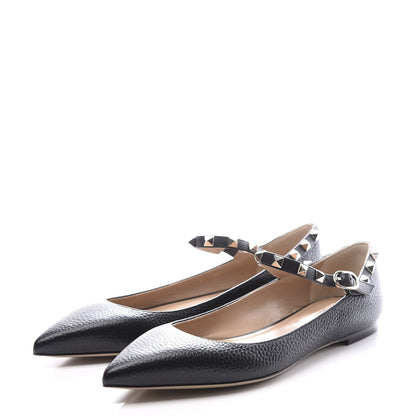 Valentino Garavani Pebbled Calfskin Rockstud Ankle Strap Ballerina Flats 38.5 Black 2 of 11