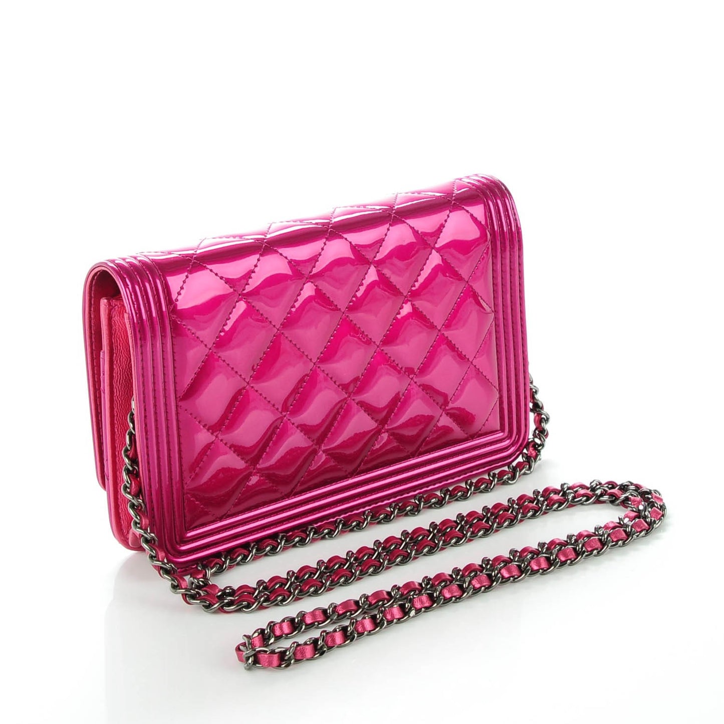 Patent Calfskin Quilted Boy Wallet On Chain WOC Fuchsia