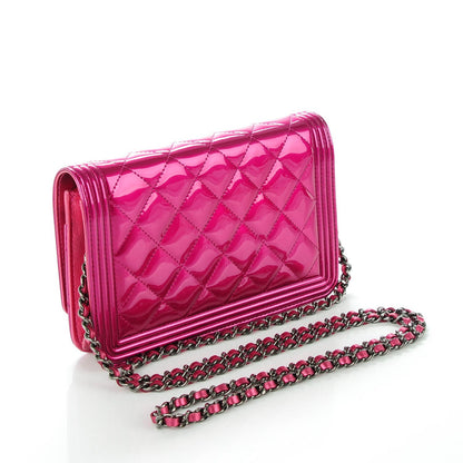 Chanel Patent Calfskin Quilted Boy Wallet On Chain WOC Fuchsia 3 of 8