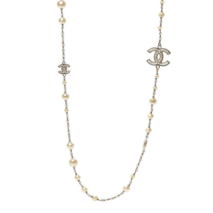 Chanel Textured Enamel Beaded Pearl CC Long Necklace Gold 1 of 4