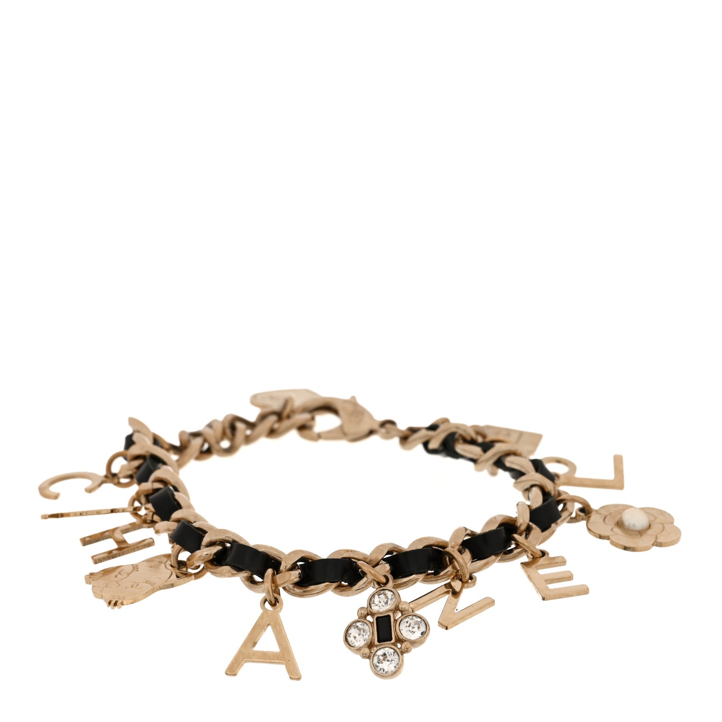 Metal Lambskin Crystal Chain CC Charms Bracelet Gold Black