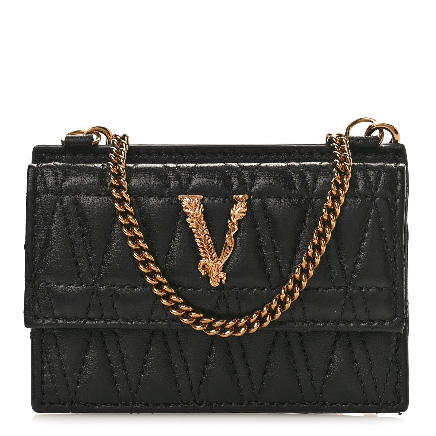 Lambskin Quilted Virtus Chain Card Holder Black