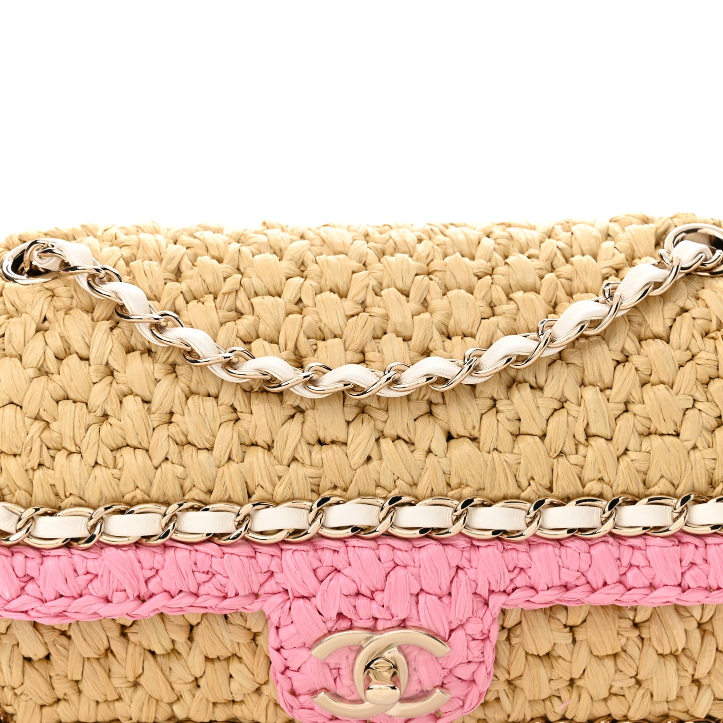 Raffia Chain Venice Beach Flap Bag Beige Pink