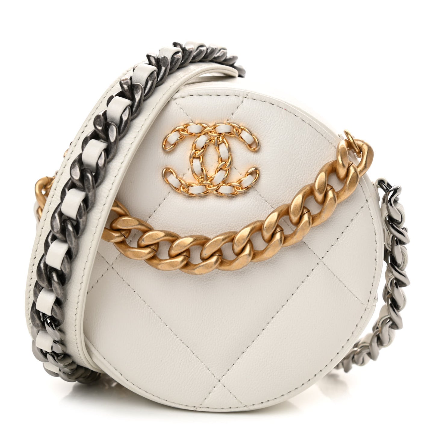 Shiny Goatskin Quilted Chanel 19 Round Clutch With Chain White