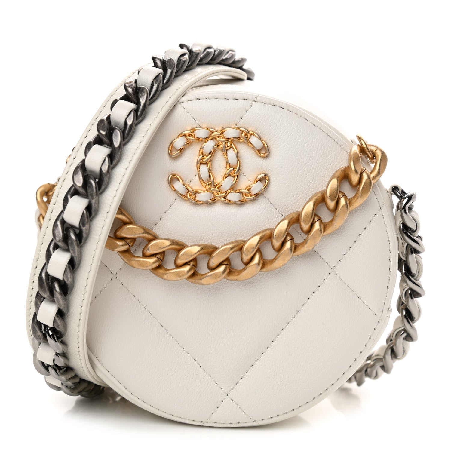 Chanel Shiny Goatskin Quilted Chanel 19 Round Clutch With Chain White 1 of 11