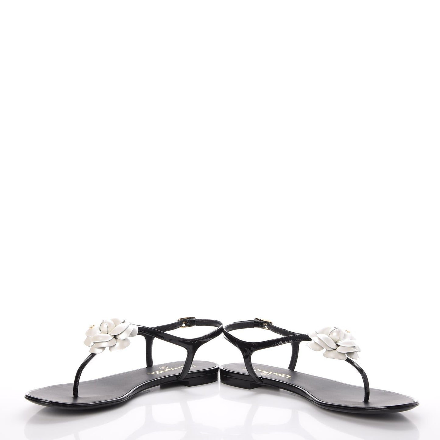 Patent Calfskin Camellia Thong Sandals 40 Black White