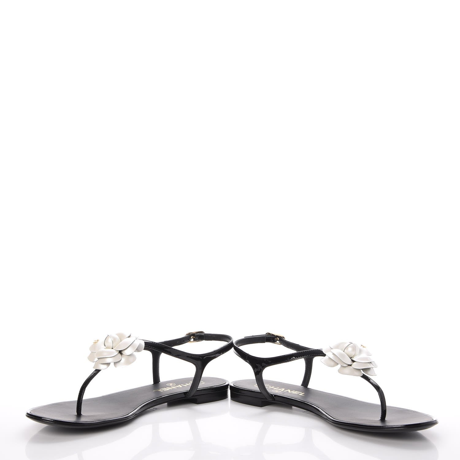 Chanel Patent Calfskin Camellia Thong Sandals 40 Black White 6 of 14