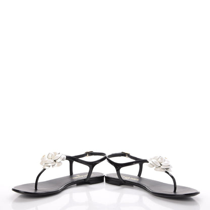 Chanel Patent Calfskin Camellia Thong Sandals 40 Black White 6 of 14