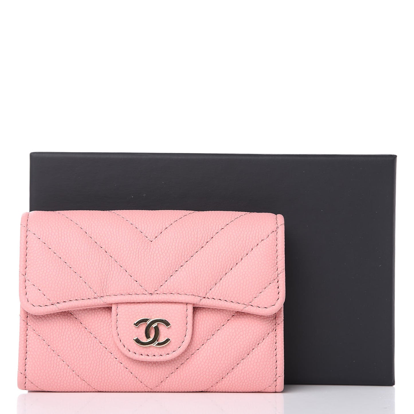 Caviar Chevron Quilted Card Holder Wallet Pink
