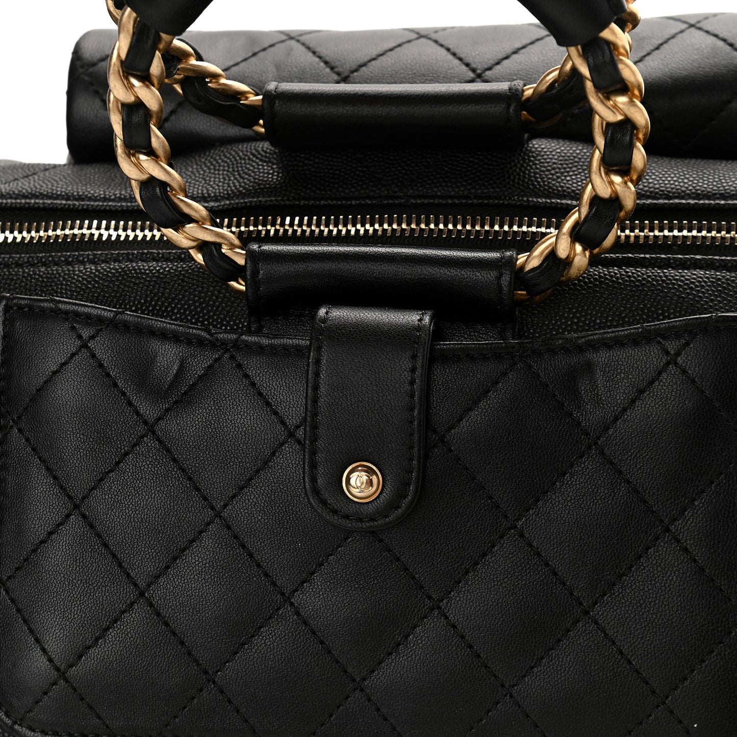 Grained Calfskin Lambskin Quilted Large Bowling Bag Black