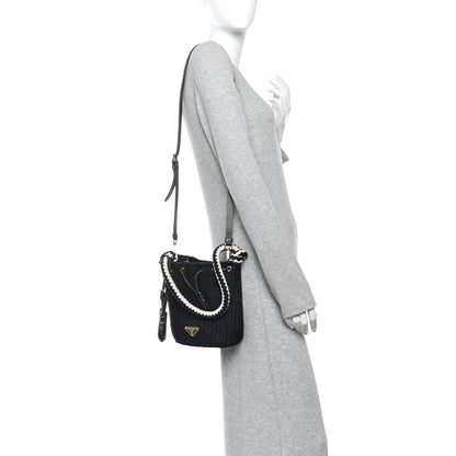 Prada Yarn Raffia Effect Crochet Mini Bucket Bag Black 2 of 9