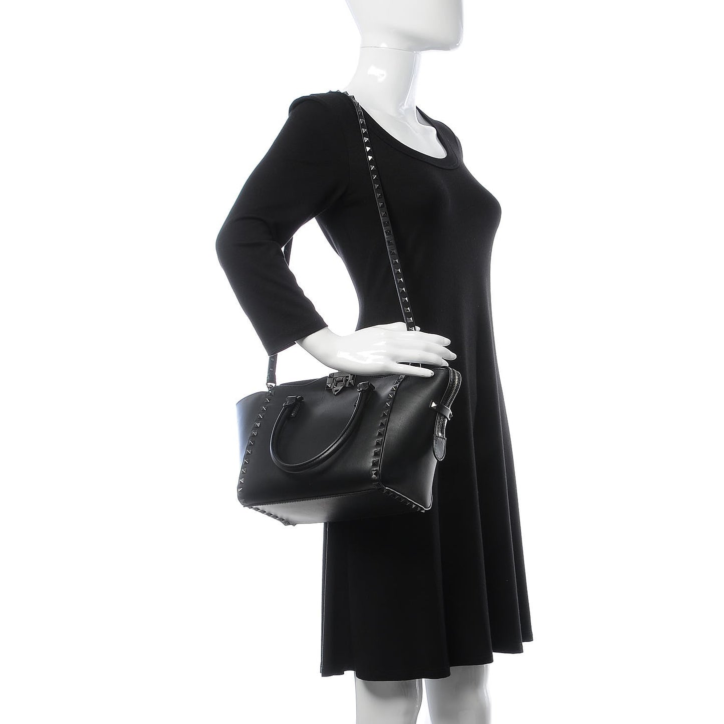 Vitello Small Rockstud Double Handle Tote Black