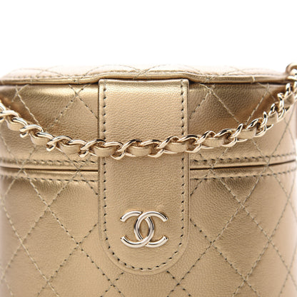 Chanel Metallic Lambskin Quilted Round Mini Vanity Case With Chain Gold 10 of 11