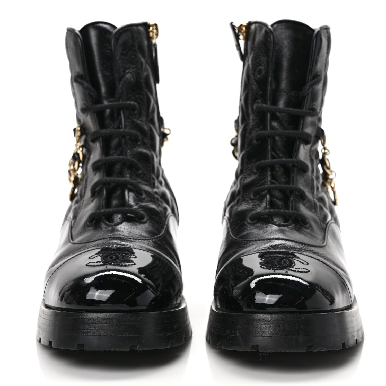 Chanel Shiny Calfskin Patent Quilted Chain Lace Up Combat Boots 39 Black 2 of 7