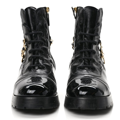 Chanel Shiny Calfskin Patent Quilted Chain Lace Up Combat Boots 39 Black 2 of 7