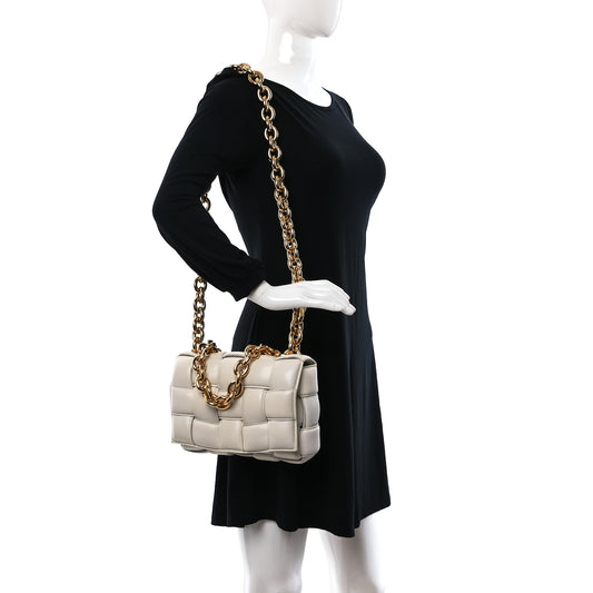 Lambskin Maxi Intreccio Padded Chain Cassette Crossbody Bag White