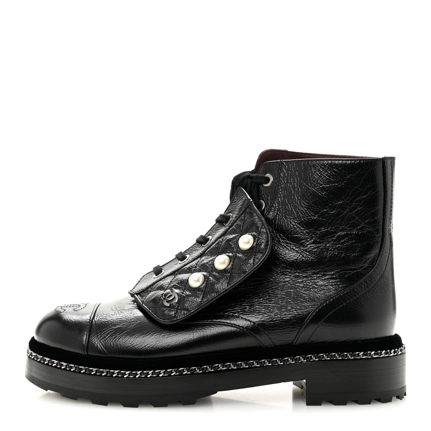 Crackled Calfskin Velvet Pearl Combat Short Boots 38.5 Black