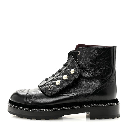 Chanel Crackled Calfskin Velvet Pearl Combat Short Boots 38.5 Black 1 of 10