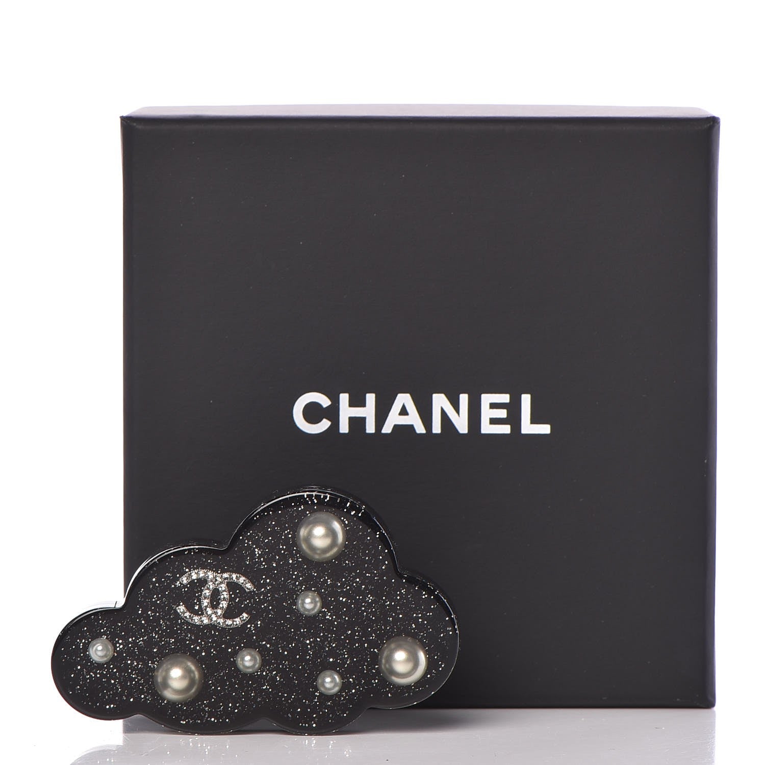 Chanel Glittered Resin Crystal Pearl CC Cloud Brooch Black Silver 5 of 5