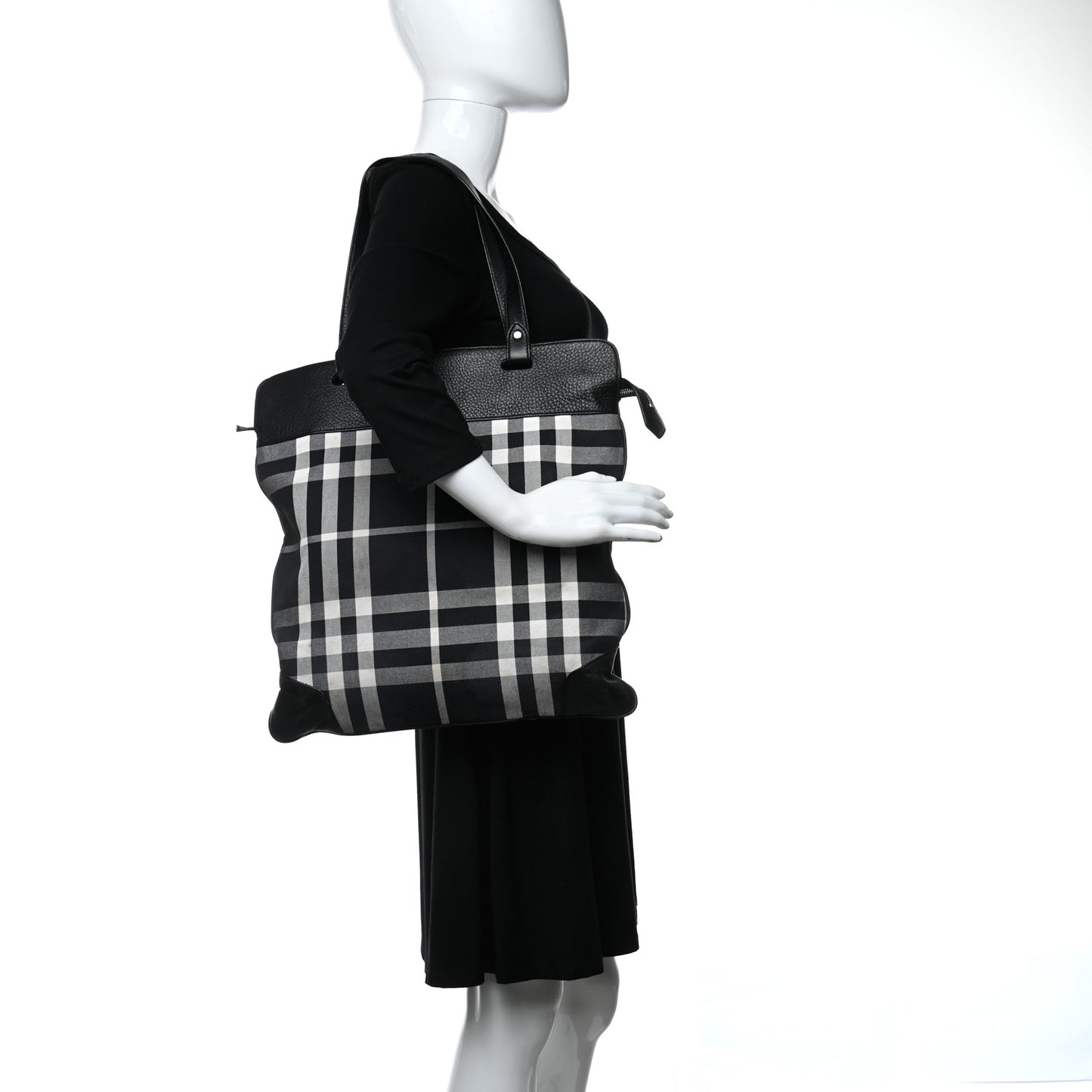 Canvas Check Calfskin Roll-Up Tote Black White