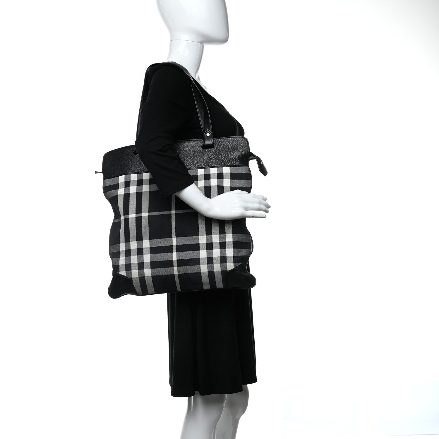 Burberry Canvas Check Calfskin Roll-Up Tote Black White 2 of 11