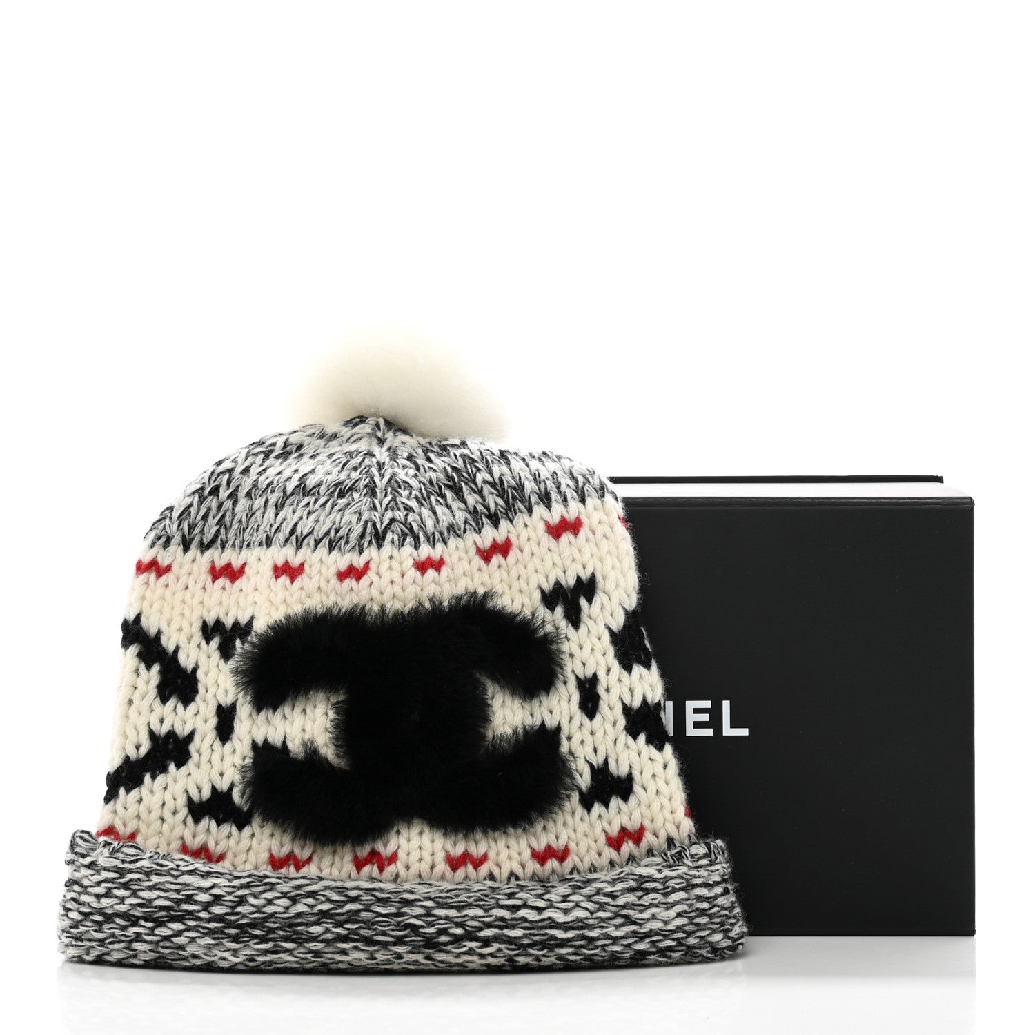 Chanel Wool Shearling CC Beanie Hat Grey Black Red 7 of 7