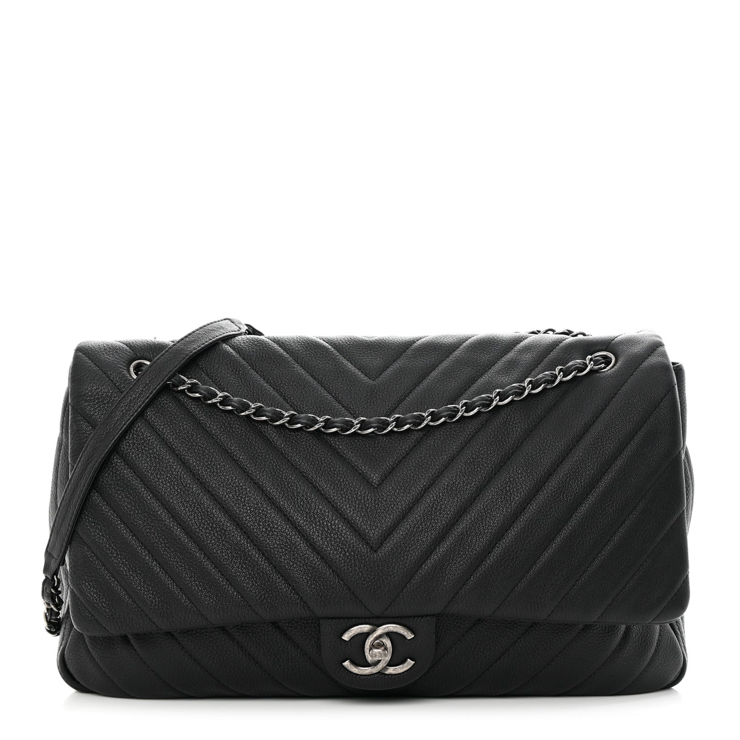 Calfskin Chevron Quilted XXL Travel Flap Bag Black