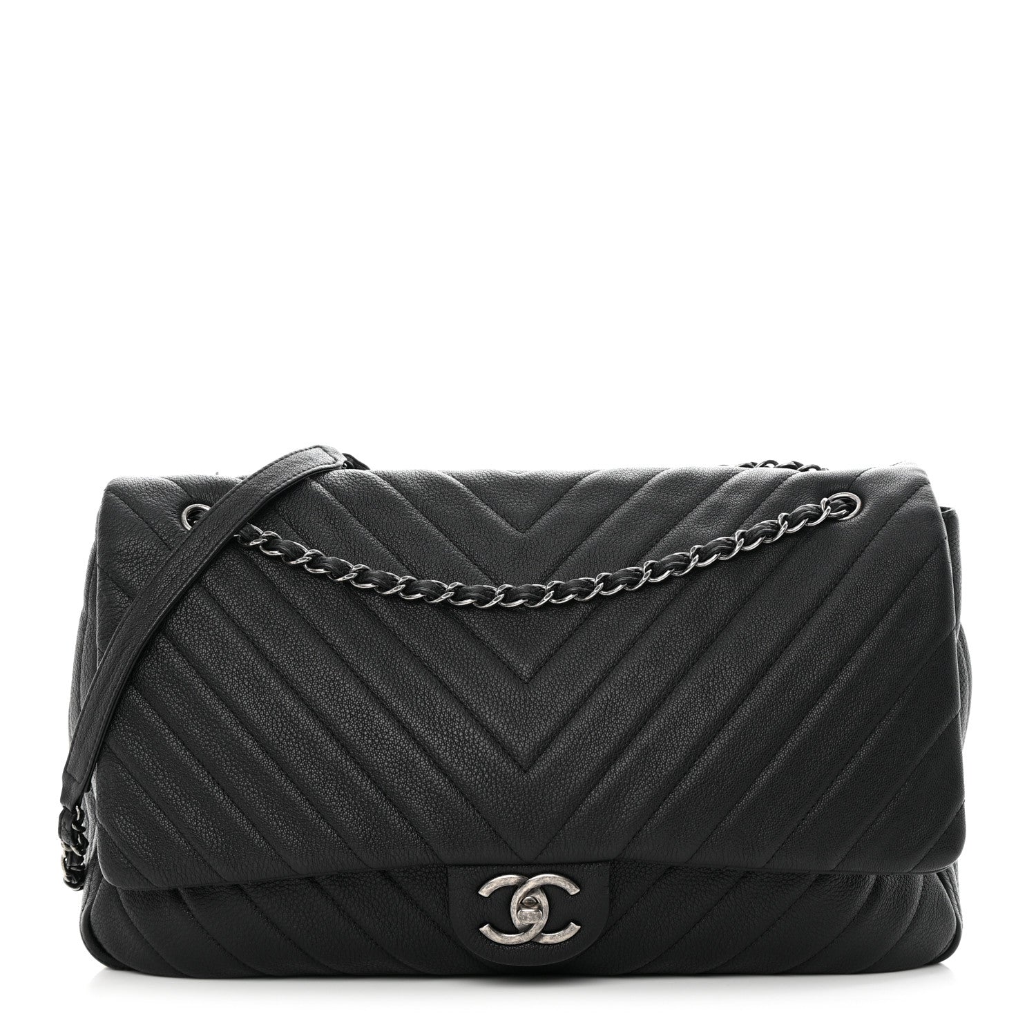 Chanel Calfskin Chevron Quilted XXL Travel Flap Bag Black 1 of 14