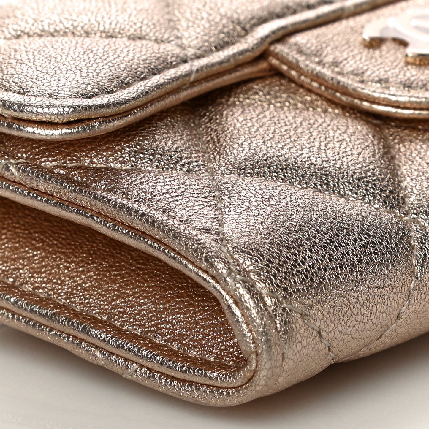 Metallic Lambskin Quilted Flap Card Holder Wallet Gold