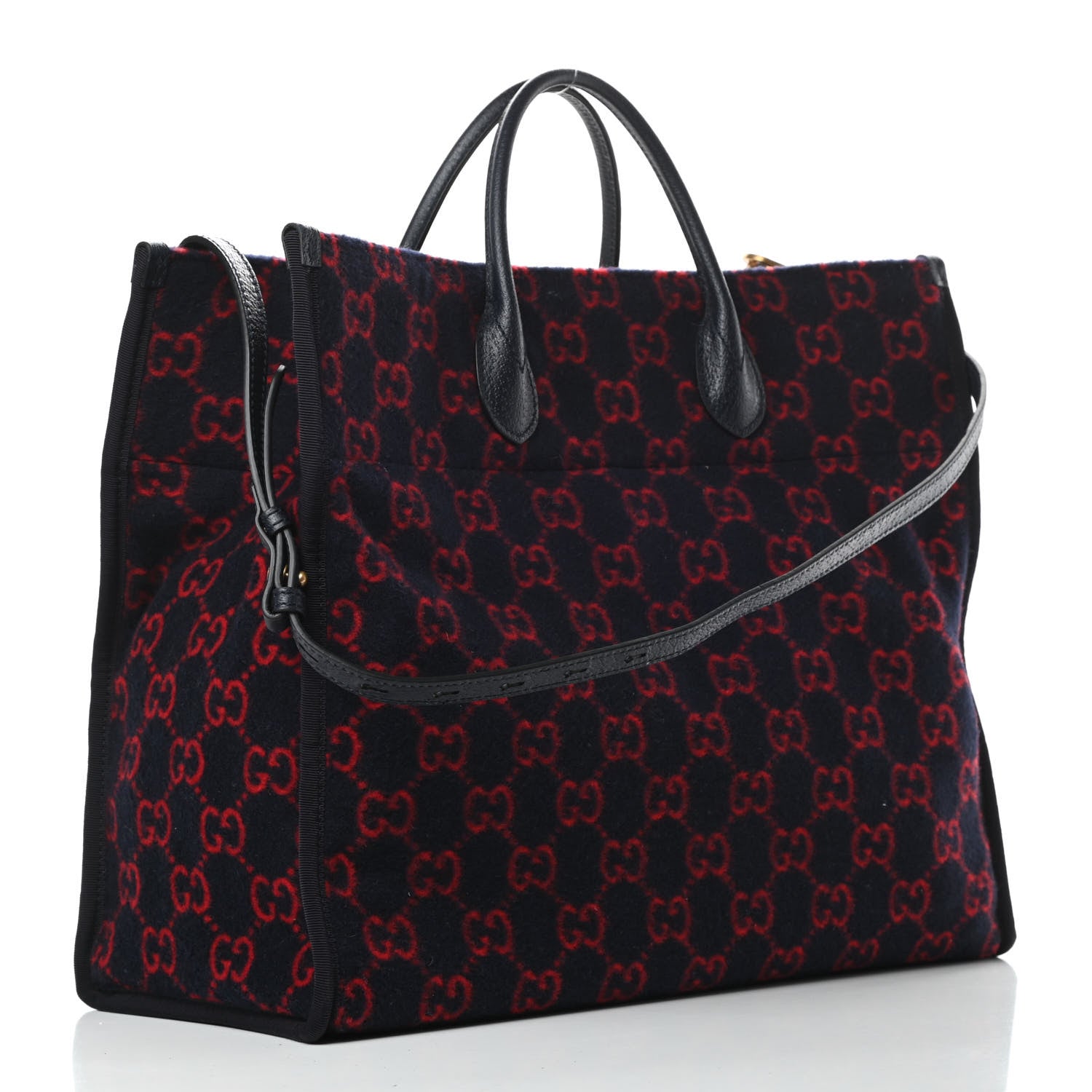 Gucci Covered Wool Textured Dollar Calfskin GG Monogram Large Tote Bag Blue Red 3 of 10