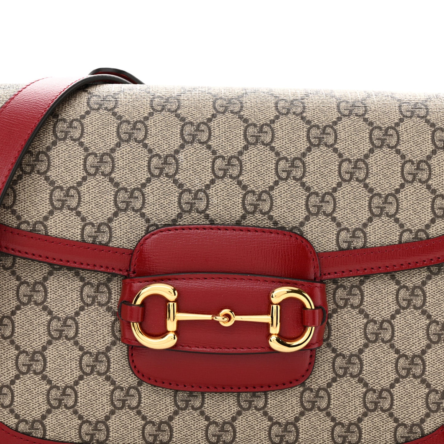 GG Supreme Monogram Azalea Calfskin Horsebit 1955 Shoulder Bag Beige Ebony New Cherry Red