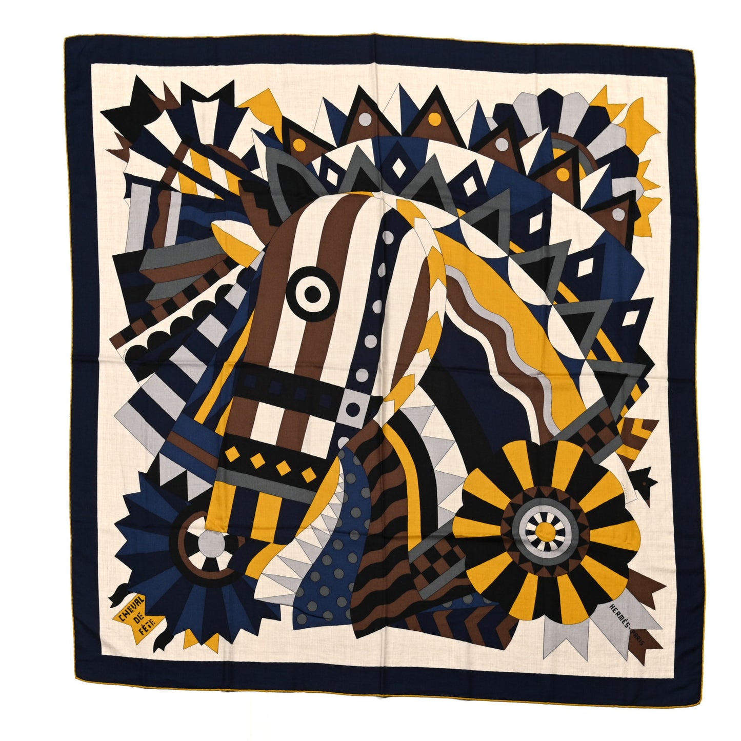 Cashmere Silk Cheval De Fete Shawl 140 Naturel Marine Moutarde