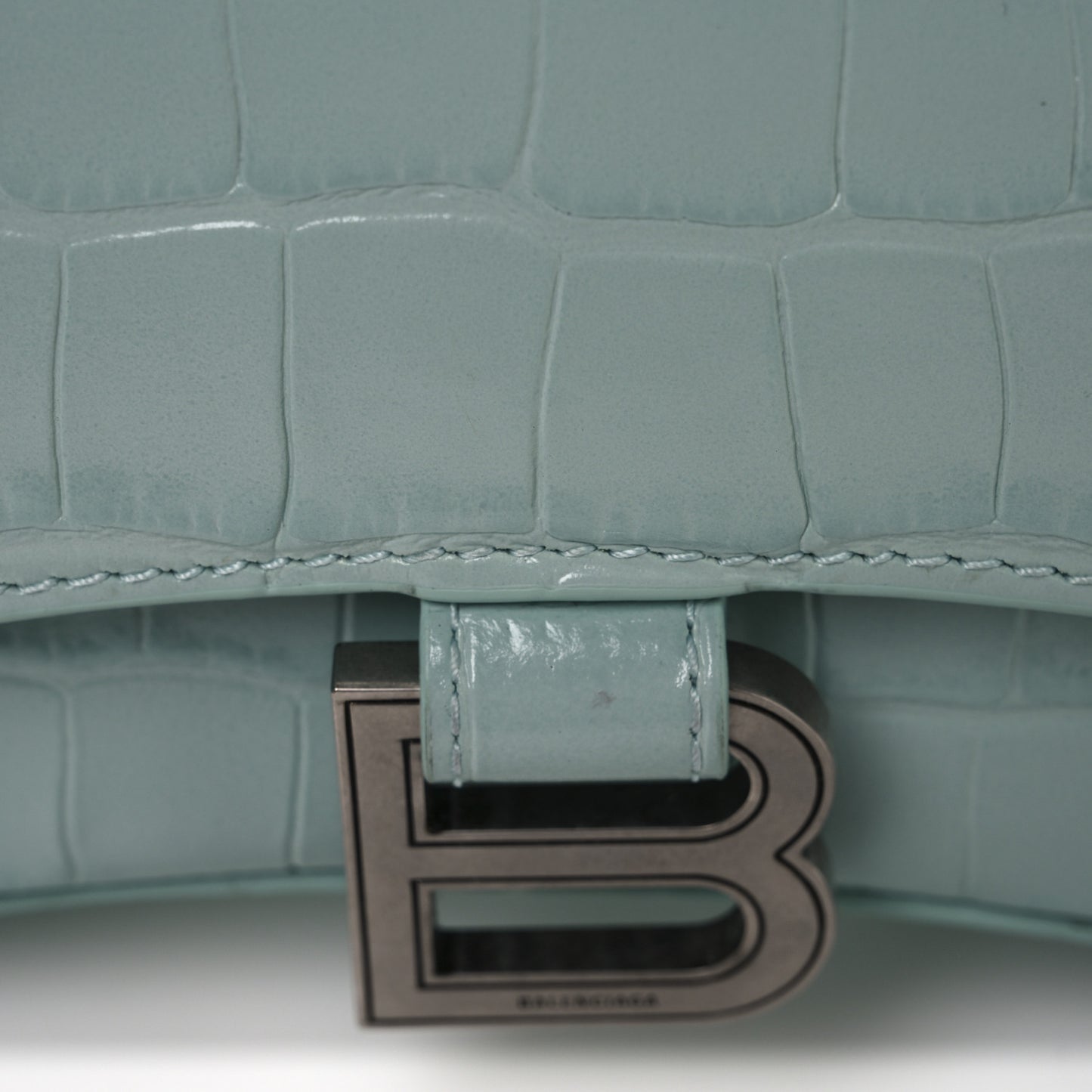 Shiny Calfskin Crocodile Embossed Hourglass Top Handle Bag XS Green Acqua