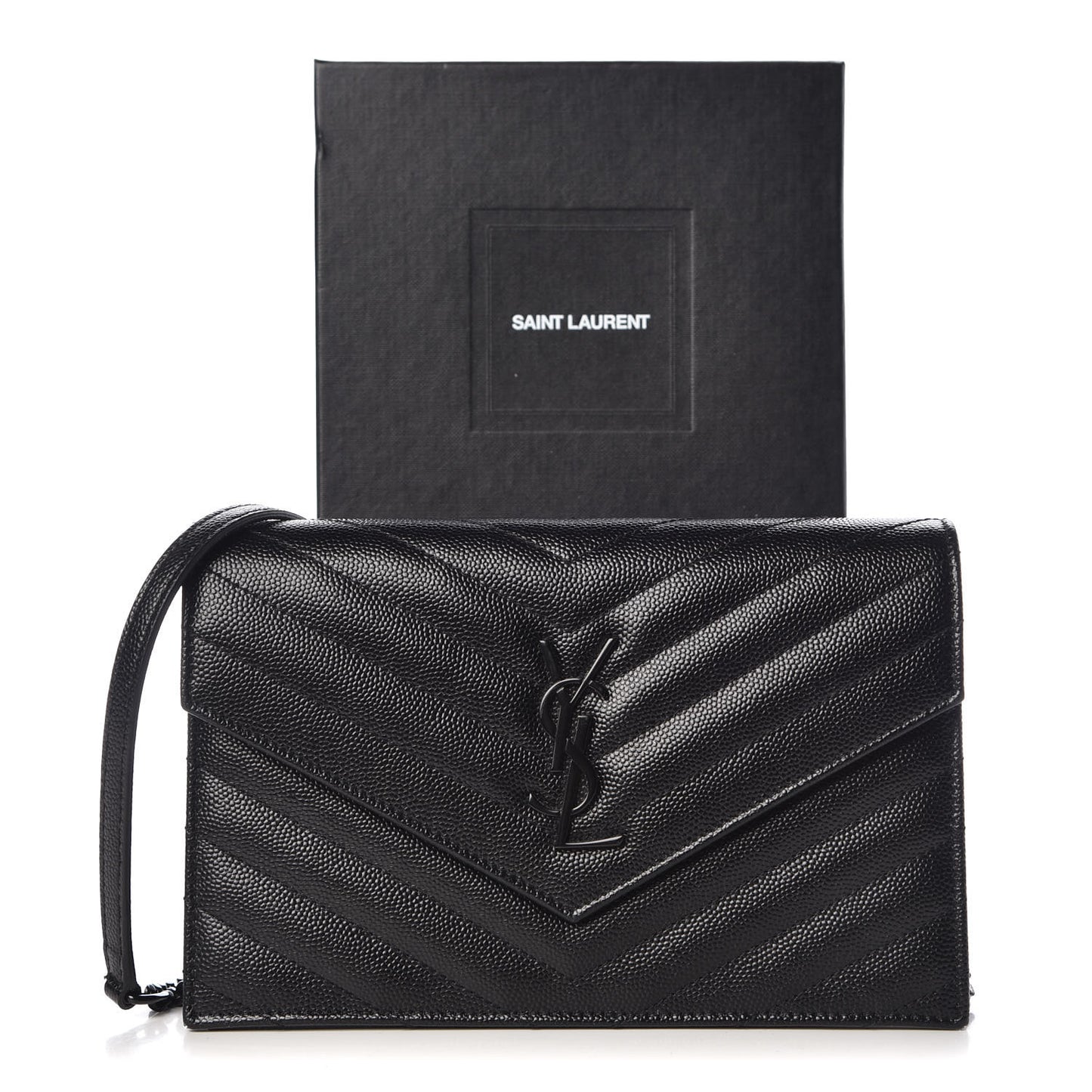 Grain De Poudre Matelasse Chevron Monogram Envelope Chain Wallet Black