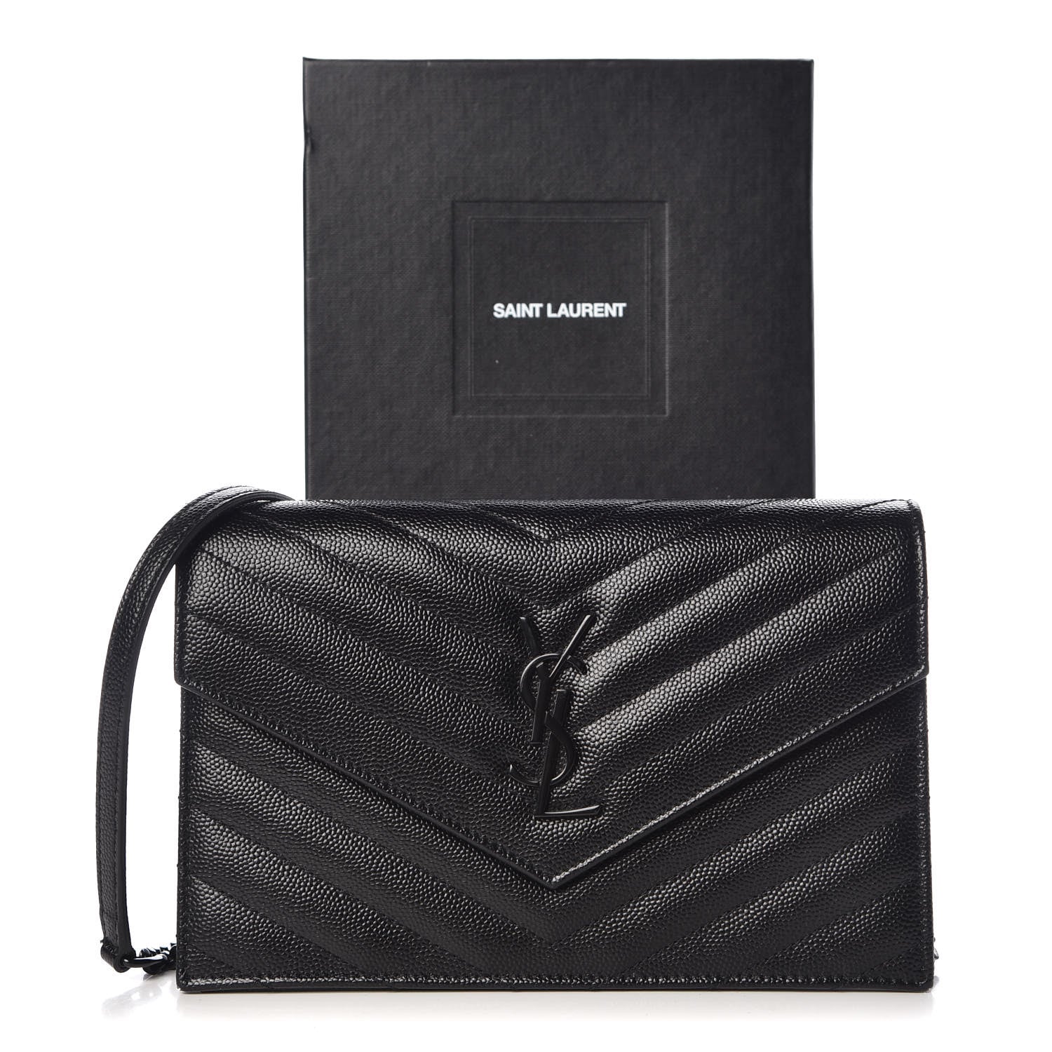 Saint Laurent Grain De Poudre Matelasse Chevron Monogram Envelope Chain Wallet Black 9 of 9