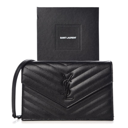Saint Laurent Grain De Poudre Matelasse Chevron Monogram Envelope Chain Wallet Black 9 of 9