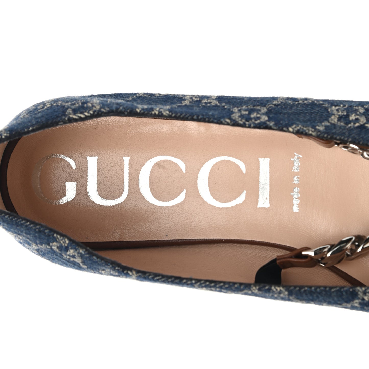 New Denim GG Monogram Nappa Deva Horsebit Chain Embellished Flats 39.5 Blue Tea Cuir Epilog