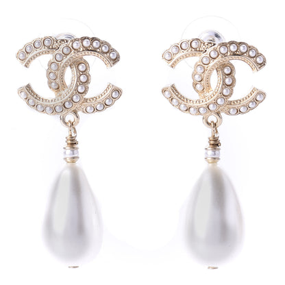 Chanel Pearl CC Drop Earrings Gold Pearly White 1 of 5