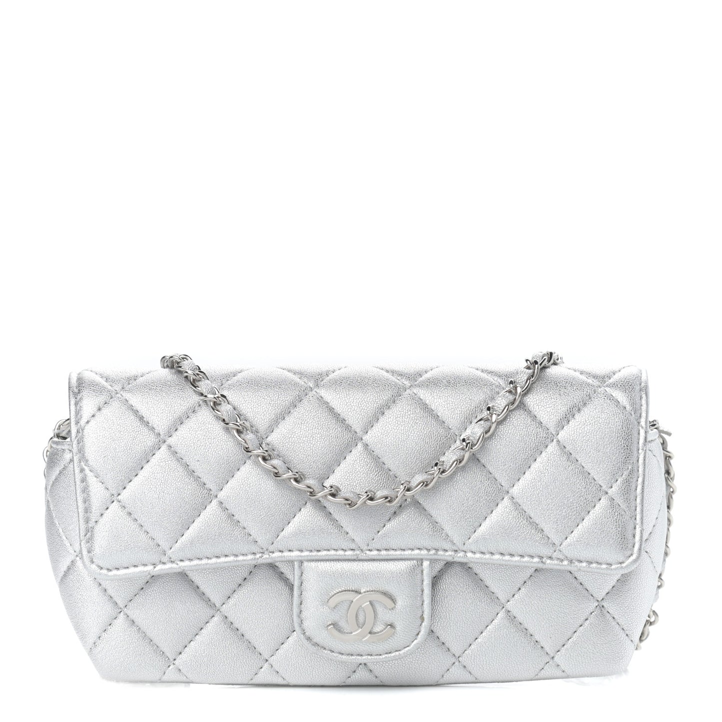 Metallic Lambskin Quilted Glasses Case With Chain Silver