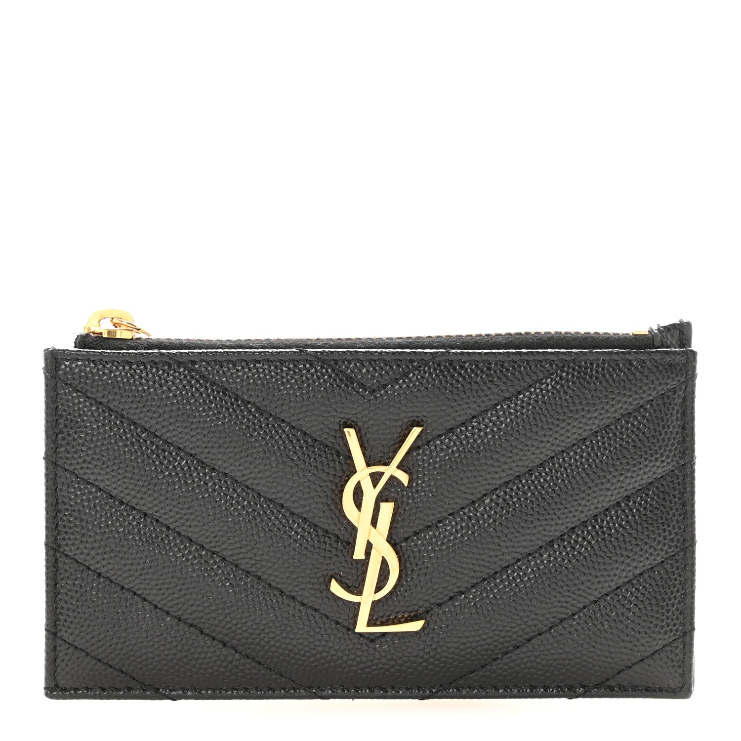 Saint Laurent Grain De Poudre Matelasse Chevron Monogram Fragments Zippered Card Case Black 1 of 6