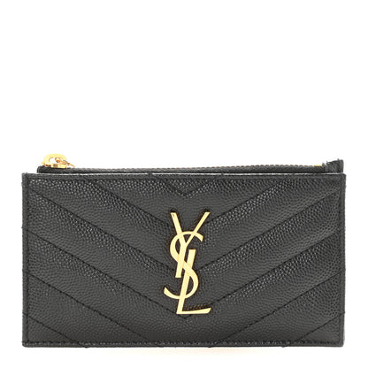 Saint Laurent Grain De Poudre Matelasse Chevron Monogram Fragments Zippered Card Case Black 1 of 6